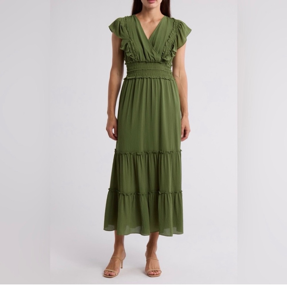 Max Studio Olive Green Ruffled Flutter-Sleeve Tiered Maxi Dress